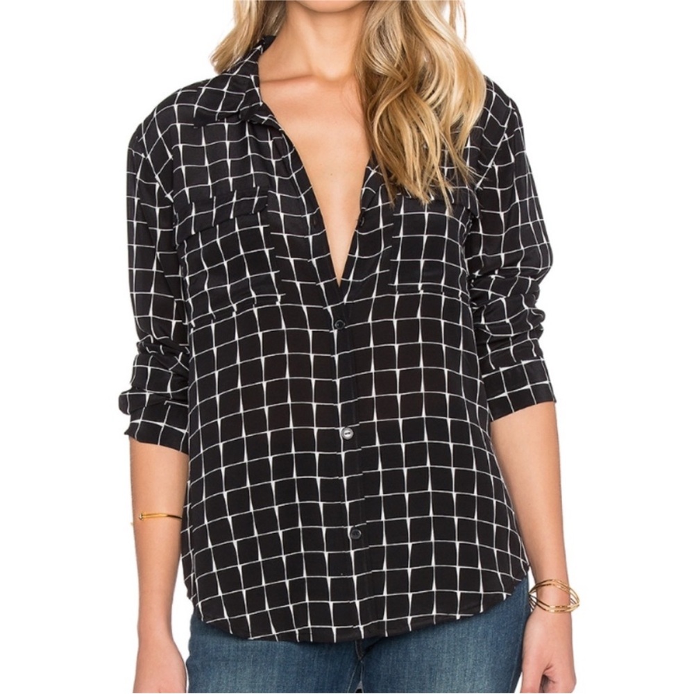 Sanctuary 100% Silk Blouse Medium Black White Grid Button Down Long-Sleeve Shirt